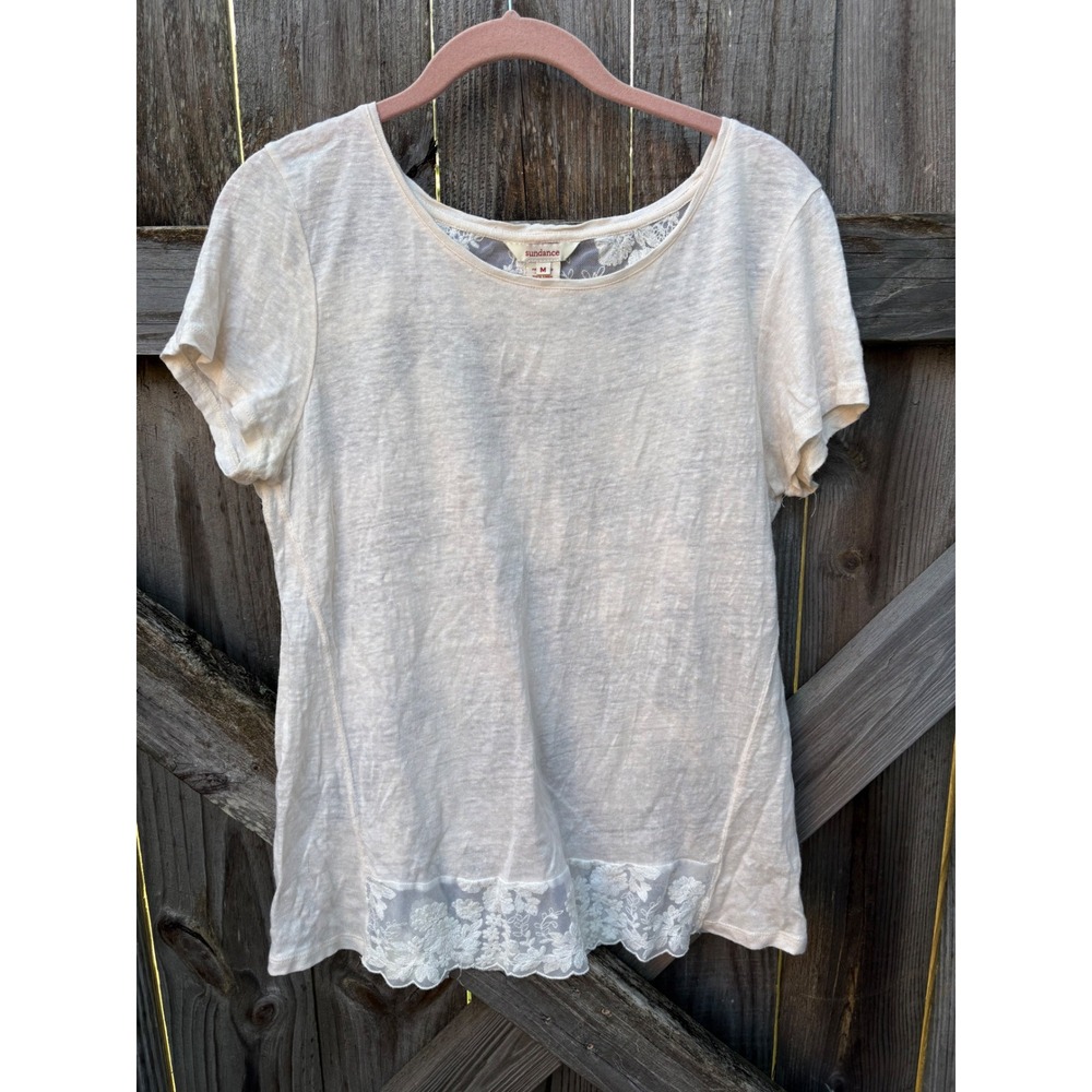 Sundance Cream Linen Lace Back Short Sleeve‎ Top Floral Scallop Hem Medium